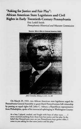 African American State Legislators and Civil Rights in Early Twenticth-Century Pennsylvania Eric Leddli Smith Parnqxswnmi Hsoriealand Mueum Commissieon