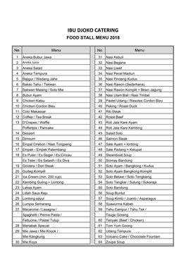 Ibu Djoko Catering Food Stall Menu 2018