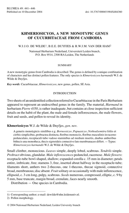 Khmeriosicyos, a New Monotypic Genus of Cucurbitaceae from Cambodia