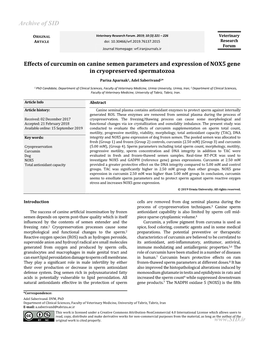 Effects of Curcumin on Canine Semen Parameters and Expression of NOX5 Gene in Cryopreserved Spermatozoa