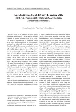 Reproductive Mode and Defensive Behaviour of the South American Aquatic Snake Helicops Pastazae (Serpentes: Dipsadidae)