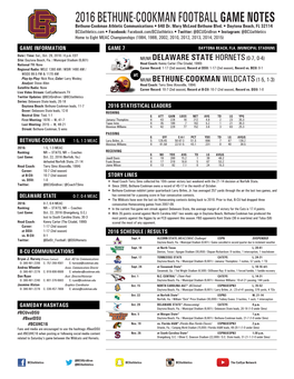 2016 BETHUNE-COOKMAN FOOTBALL GAME NOTES Bethune-Cookman Athletic Communications • 640 Dr