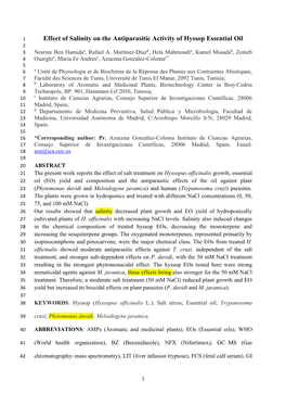 Effect of Salinity on the Antiparasitic Activity of Hyssop Essential Oil 2 3 Nesrine Ben Hamidaa, Rafael A