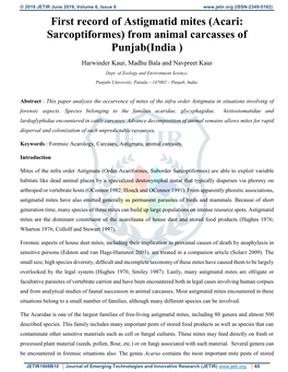 First Record of Astigmatid Mites (Acari: Sarcoptiformes) from Animal Carcasses of Punjab(India ) Harwinder Kaur, Madhu Bala and Navpreet Kaur Dept