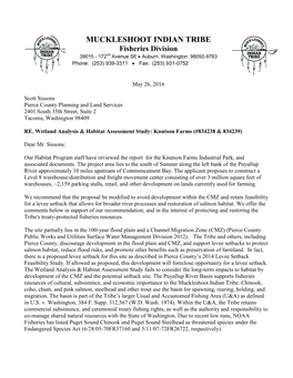 MUCKLESHOOT INDIAN TRIBE Fisheries Division 39015 - 172Nd Avenue SE  Auburn, Washington 98092-9763 Phone: (253) 939-3311  Fax: (253) 931-0752