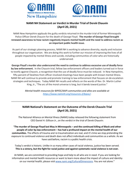 NAMI NH Statement on Verdict in Murder Trial of Derek Chauvin (April 20, 2021)