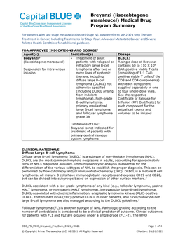 Breyanzi (Lisocabtagene Maraleucel) Medical Drug Program Summary