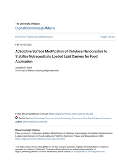 Adsorptive Surface Modification of Cellulose Nanocrystals to Stabilize Nutraceuticals Loaded Lipid Carriers for Food Application