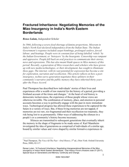 Fractured Inheritance: Negotiating Memories of the Mizo Insurgency in India’S North Eastern Borderlands