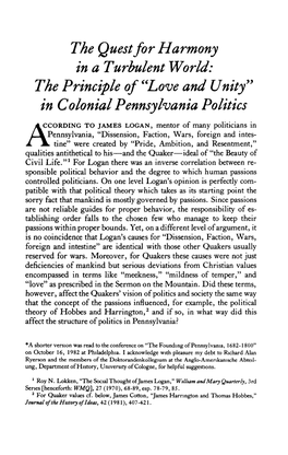 Love and Unity'' in Colonial Pennsylvania Politics