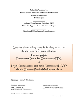 Essai D'évaluation Des Projets De Développement Local Dans Le Cadre