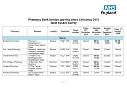 Pharmacy Bank Holiday Opening Times Christmas 2015 West Sussex Surrey