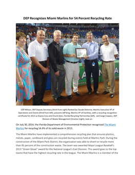 DEP Recognizes Miami Marlins for 54 Percent Recycling Rate