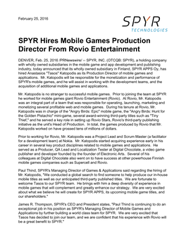 SPYR Hires Mobile Games Production Director from Rovio Entertainment