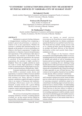 Customers' Satisfaction/Dissatisfaction Measurement of Postal Services in Vadodara City of Gujarat State"