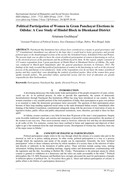 Political Participation of Women in Gram Panchayat Elections in Odisha: a Case Study of Hindol Block in Dhenkanal District Artatrana Gochhayat1