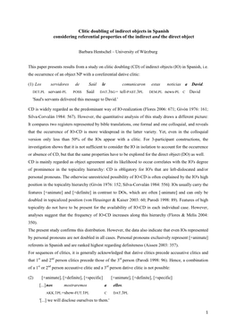 Clitic Doubling of Indirect Objects in Spanish Considering Referential Properties of the Indirect and the Direct Object