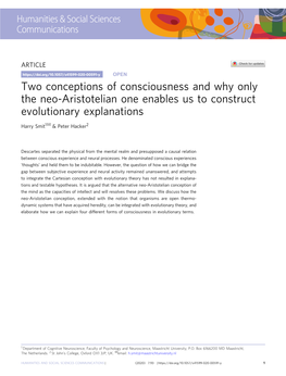 Two Conceptions of Consciousness and Why Only the Neo-Aristotelian One Enables Us to Construct Evolutionary Explanations ✉ Harry Smit1 & Peter Hacker2