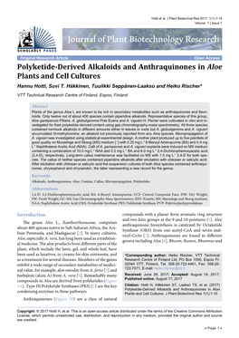 Polyketide-Derived Alkaloids and Anthraquinones in Aloe Plants and Cell Cultures Hannu Hotti, Suvi T