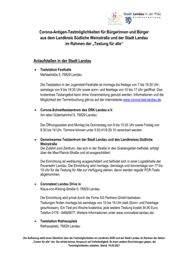 Corona-Antigen-Testmöglichkeiten Für Bürgerinnen Und Bürger Aus Dem Landkreis Südliche Weinstraße Und Der Stadt Landau Im Rahmen Der „Testung Für Alle“