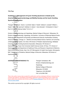 Guidelines on Management of Cyclic Vomiting Syndrome in Adults by the American Neurogastroenterology and Motility Society and the Cyclic Vomiting Syndrome Association