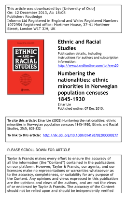 Ethnic Minorities in Norwegian Population Censuses 1845-1930 Einar Lie Published Online: 07 Dec 2010
