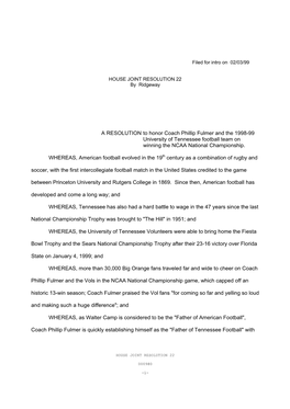 A RESOLUTION to Honor Coach Phillip Fulmer and the 1998-99 University of Tennessee Football Team on Winning the NCAA National Championship