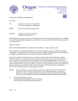 Clatsop County Plan Amendment DLCD File Number 005-12
