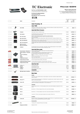 TC Electronic Price List 02/2010 Effective February 25Th, 2010 Net Price List PROFESSIONAL USER Subject to Change Without Prior Notice