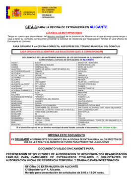 Cita-3 Para La Oficina De Extranjería En Alicante Imprima Este Documento Documento Válido Únicamiente Para: Presentación De