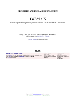 CATALYST PAPER CORP Form 6-K Current Report