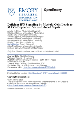 Deficient IFN Signaling by Myeloid Cells Leads to MAVS-Dependent Virus-Induced Sepsis Amelia K