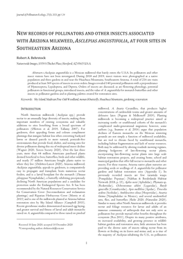 New Records of Pollinators and Other Insects Associated with Arizona Milkweed, Asclepias Angustifolia, at Four Sites in Southeastern Arizona