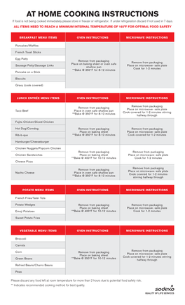 AT HOME COOKING INSTRUCTIONS If Food Is Not Being Cooked Immediately Please Store in Freezer Or Refrigerator
