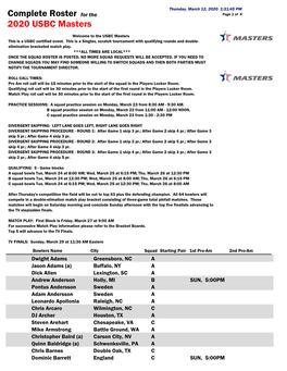 Complete Roster for the 2020 USBC Masters