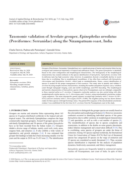 Taxonomic Validation of Areolate Grouper, Epinephelus Areolatus (Perciformes: Serranidae) Along the Nizampatnam Coast, India