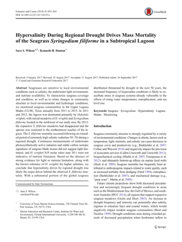 Hypersalinity During Regional Drought Drives Mass Mortality of the Seagrass Syringodium Filiforme in a Subtropical Lagoon