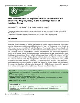 Use of Sleeve Nets to Improve Survival of the Boisduval Silkworm, Anaphe Panda, in the Kakamega Forest of Western Kenya