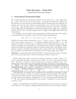 Fluid Dynamics - Math 6750 Generalized Newtonian Fluids