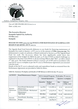 Our Ref: URF/FIN/REL/KCCA/001/21-22 the Executive Director Kampala Capital City Authority RELEASE of USHS 3,924,192,095 to KCCA