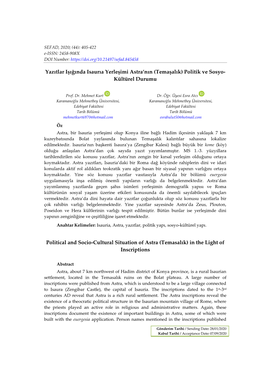 Yazıtlar Işığında Isaurıa Yerleşimi Astra'nın (Temaşalık) Politik Ve