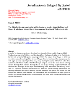 The Distribution Parameters for Eight Euastacus Species Along the Liverpool Range & Adjoining Mount Royal Spur, Eastern New South Wales, Australia