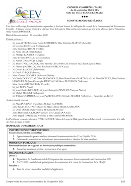 Compte-Rendu Du Conseil Communautaire Du 16.09.2020