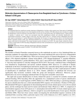 Molecular Characterization of Channa Species from Bangladesh Based on Cytochrome C Oxidase Subunit I (COI) Gene