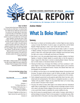 What Is Boko Haram? Narratives Has Grown up Around Boko Haram, and the Group’S Origins, Motivations, and Future Plans Remain a Matter of Debate