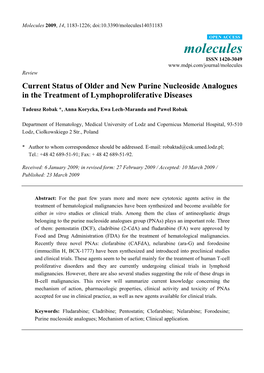 Current Status of Older and New Purine Nucleoside Analogues in the Treatment of Lymphoproliferative Diseases