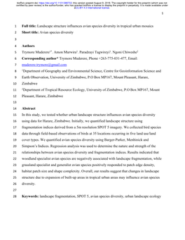 Landscape Structure Influences Avian Species Diversity in Tropical Urban Mosaics 2 Short Title: Avian Species Diversity