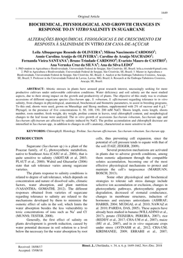 Biochemical, Physiological and Growth Changes in Response to in Vitro Salinity in Sugarcane Alterações Bioquímicas, Fisioló