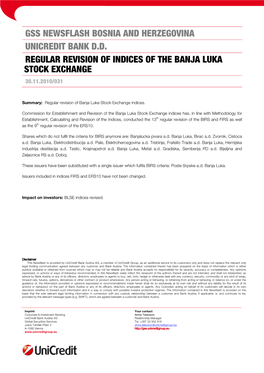 Regular Revision of Indices of the Banja Luka Stock Exchange 30.11.2010/031