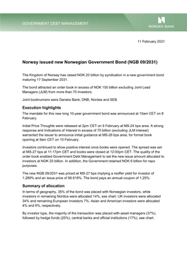 Norway Issued New Norwegian Government Bond (NGB 09/2031)